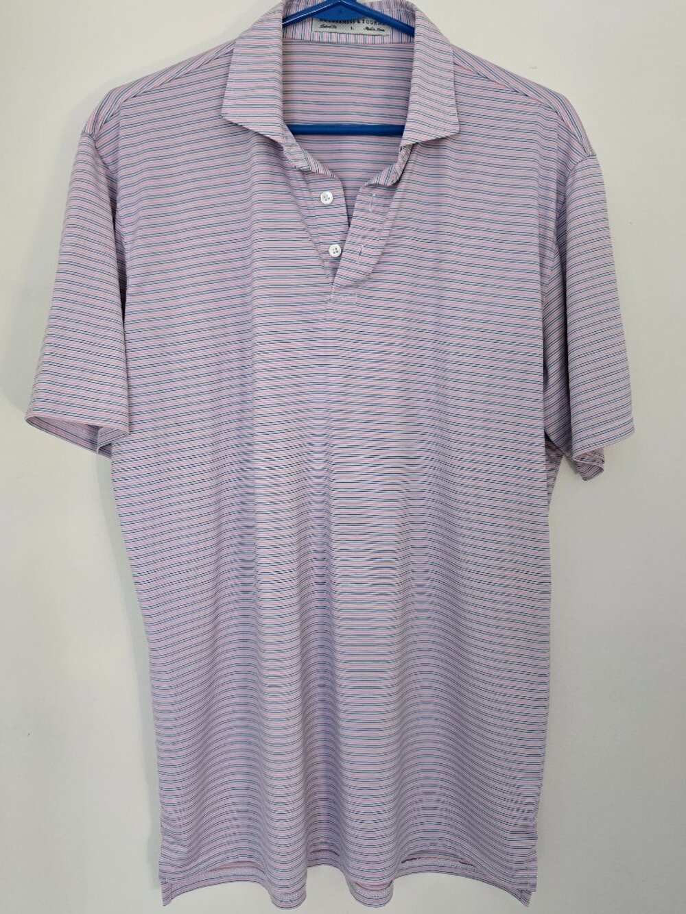 Holderness & Bourne Polo Shirt Mens Large Tailored Fit Blue Pink Stripe Golf